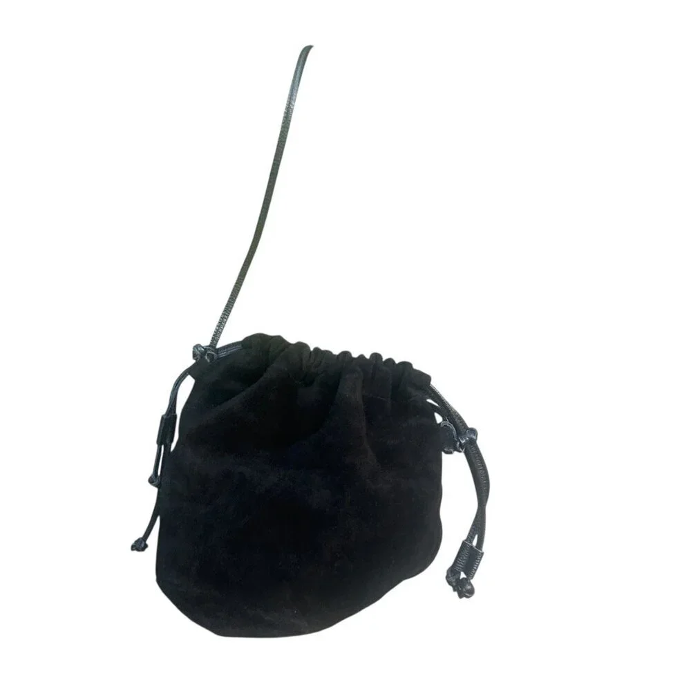 Black Suede Leather Drawstring Italian Made Hobo Bag
